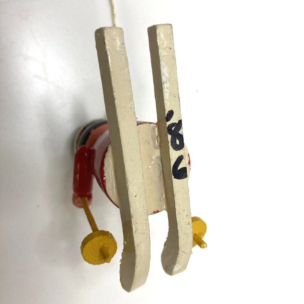 Vintage Wood Gnome Elf On Wooden Skis Christmas Ornament 3‎ inch 1985